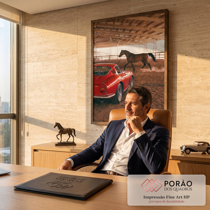 Carro esportivo vermelho vintage e cavalo marrom trotando em picadeiro de terra, quadro decorativo