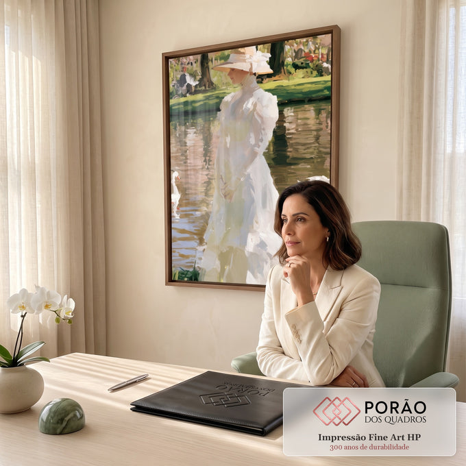 Quadro Decorativo Dama de Branco à Beira do Lago com Cisnes | quadros decorativos | mulher de vestido branco vitoriano à beira de lago com cisnes em estilo impressionista | em Quadros para Quarto | Porao dos Quadros