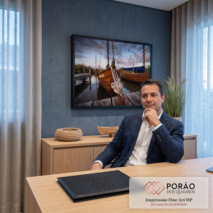 Quadro Decorativo Grande Barco de Madeira Cais para Sala | quadros decorativos | barco de madeira ancorado num cais com corda náutica em primeiro plano ao entardecer | em ambiente 2 | Porao dos Quadros