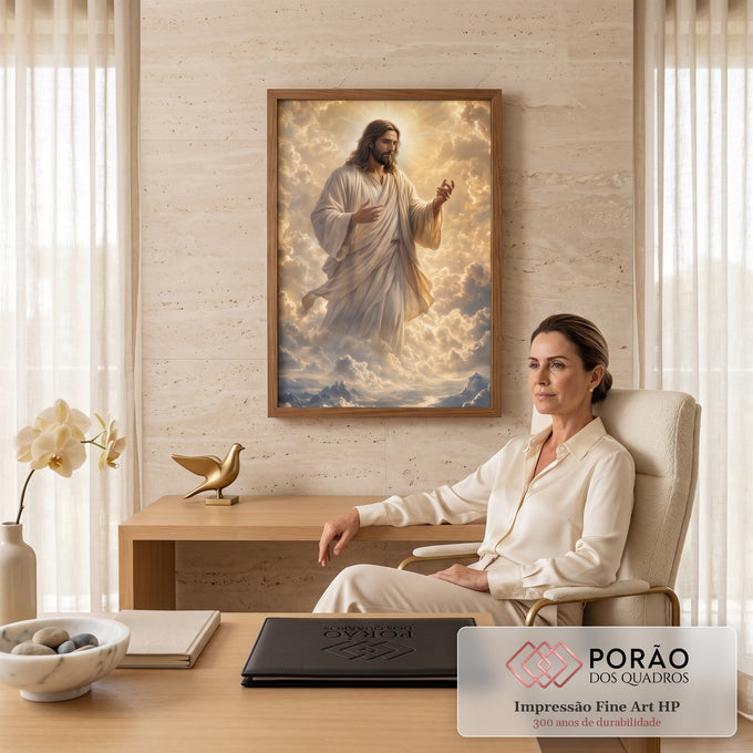 Quadro Decorativo Grande Jesus Cristo Nuvens para Sala | quadros decorativos | Jesus Cristo de manto branco entre nuvens com raios de luz dourada ao fundo | em ambiente 2 | Porao dos Quadros