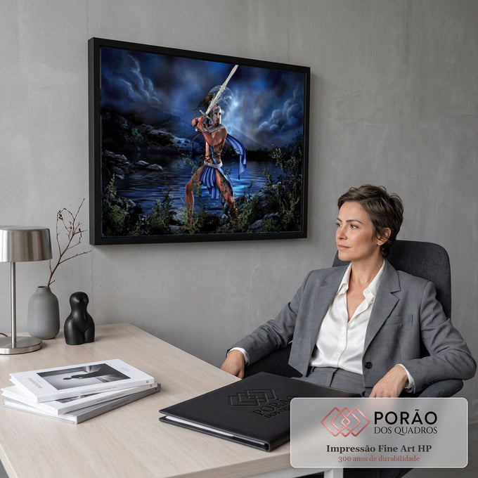 Quadro Decorativo Grande Guerreiro com Espada para Sala Azul | quadros decorativos | guerreiro com capacete prateado erguendo espada sob lua cheia à beira de um lago | em ambiente 2 | Porao dos Quadros
