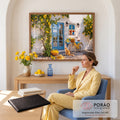 Quadro Decorativo Grande Fachada Mediterrânea para Sala | quadros decorativos | fachada branca com porta azul, limoeiros, bicicleta amarela e gato ruivo na calçada | em ambiente 2 | Porao dos Quadros