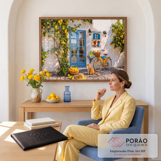Quadro Decorativo Grande Fachada Mediterrânea para Sala | quadros decorativos | fachada branca com porta azul, limoeiros, bicicleta amarela e gato ruivo na calçada | em ambiente 2 | Porao dos Quadros
