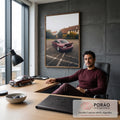 Quadro Decorativo Grande Carro Esportivo para Sala Vermelho | quadros decorativos | carro esportivo vinho rebaixado estacionado em pátio molhado com casas ao fundo | em ambiente 2 | Porao dos Quadros