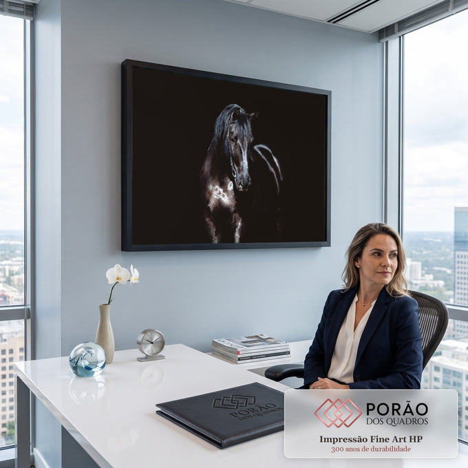 Cavalo negro com cabeçada de couro, luz lateral e brilho no pelo sobre fundo preto, quadro decorativo