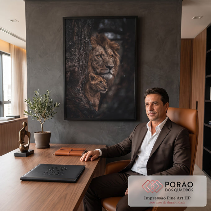 Quadro Decorativo Grande Leão e Filhote para Sala Marrom | quadros decorativos | leão adulto e filhote encostados em tronco de árvore em tons dourados | em ambiente 2 | Porao dos Quadros