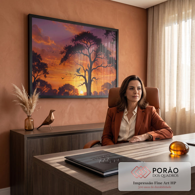 Quadro Decorativo Grande Árvore em Silhueta para Sala | quadros decorativos | árvore em silhueta com pássaro pousado e pôr do sol laranja ao fundo | em ambiente 2 | Porao dos Quadros