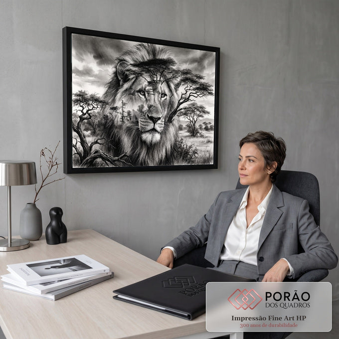 Leão de olhar sereno com acácias da savana em dupla exposição, desenho a grafite, quadro decorativo