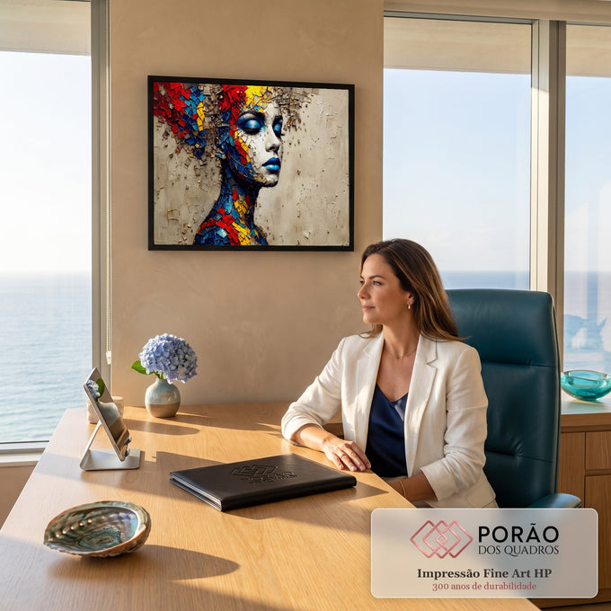 Rosto de mulher de olhos fechados e lábios azuis se desfazendo em mosaico colorido, quadro decorativo