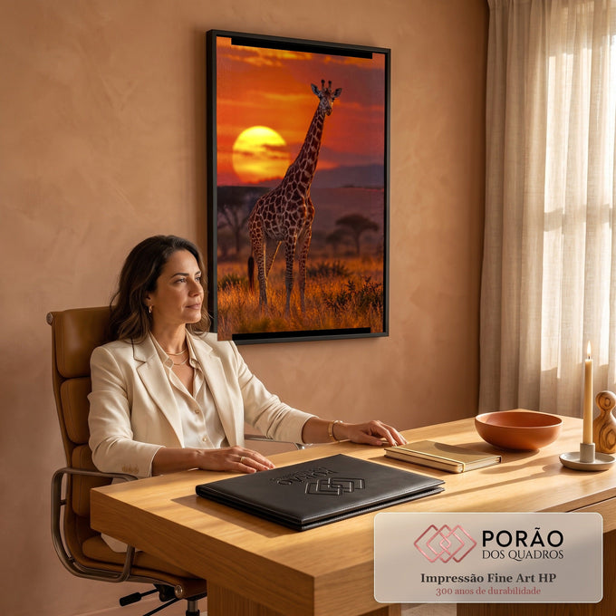Girafa de pé na savana africana com sol amarelo gigante e céu laranja ao entardecer, quadro decorativo