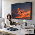 Quadro Decorativo Grande Gato e Pássaro para Sala Laranja | quadros decorativos | silhueta de gato e pássaro em fio contra céu laranja de pôr do sol com lua | em ambiente 2 | Porao dos Quadros