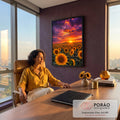 Campo de girassóis amarelos sob céu roxo e laranja com sol se pondo atrás de colina, quadro decorativo