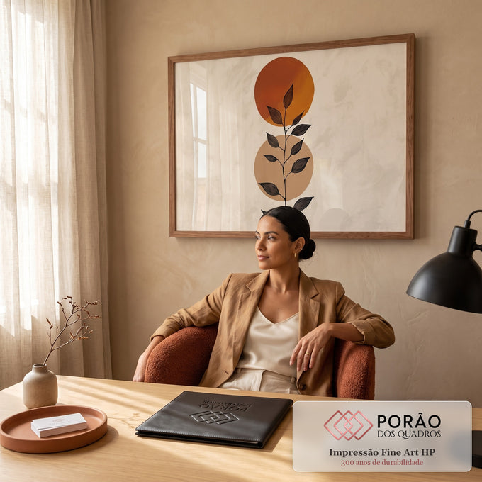 Quadro Decorativo Grande Ramo Preto para Sala Laranja | quadros decorativos | ramo preto com folhas sobre dois círculos em tons de laranja e bege | em ambiente 2 | Porao dos Quadros