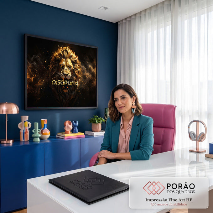Leão rugindo de juba dourada com a palavra Disciplina em fundo preto com fumaça, quadro decorativo