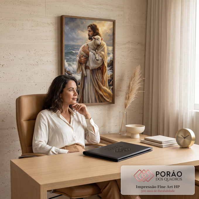 Quadro Decorativo Grande Jesus Segurando Dourado para Sala | quadros decorativos | homem de manto segurando cordeiro branco à beira-mar com luz dourada no céu | em ambiente 2 | Porao dos Quadros