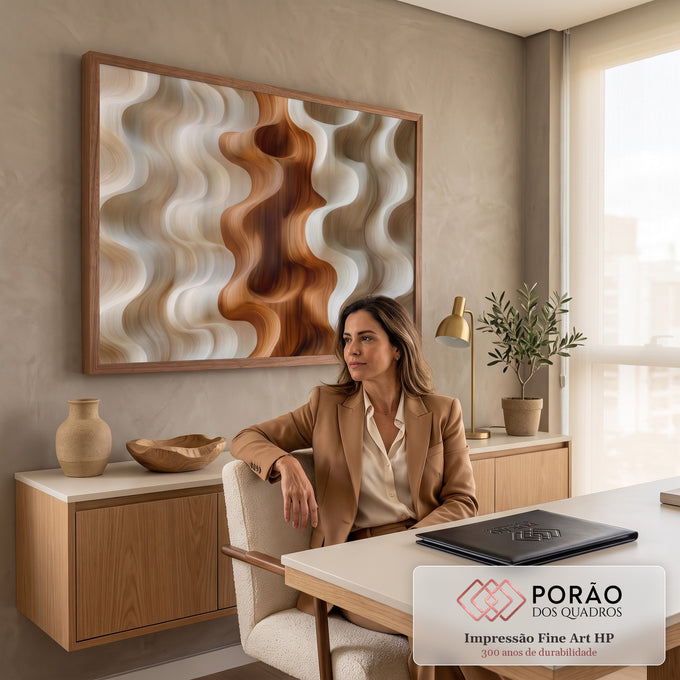 Quadro Decorativo Grande Ondas Abstratas para Sala Bege | quadros decorativos para sala | ondas abstratas verticais em bege e marrom com textura amadeirada | em Quadros para Sala | Porao dos Quadros