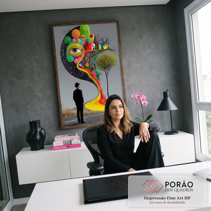 Homem de chapéu coco observa olho gigante, casas coloridas e estrada arco-íris surreal, quadro decorativo