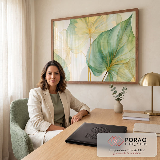 Quadro Decorativo Grande Folhas Tropicais Verde para Sala | quadros decorativos | folhas tropicais translúcidas em aquarela verde e dourado com nervuras marcadas | em ambiente 2 | Porao dos Quadros