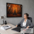 Quadro Decorativo Grande Floresta Árvores para Sala Laranja | quadros decorativos | floresta de outono vista de baixo com copa densa em tons laranja e âmbar | em ambiente 2 | Porao dos Quadros