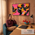 Quadro Decorativo Grande Rosto Abstrato Rosa para Sala | quadros decorativos | rosto abstrato preto com cabelo em chamas laranja sobre fundo rosa vibrante | em ambiente 2 | Porao dos Quadros