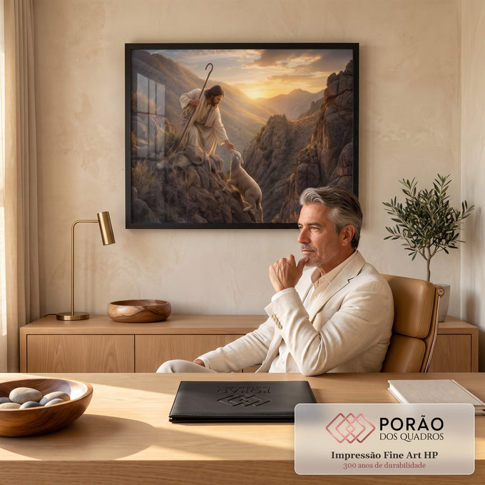 Jesus de manto claro e cajado estendendo a mão a uma ovelha em penhasco ao pôr do sol, quadro decorativo