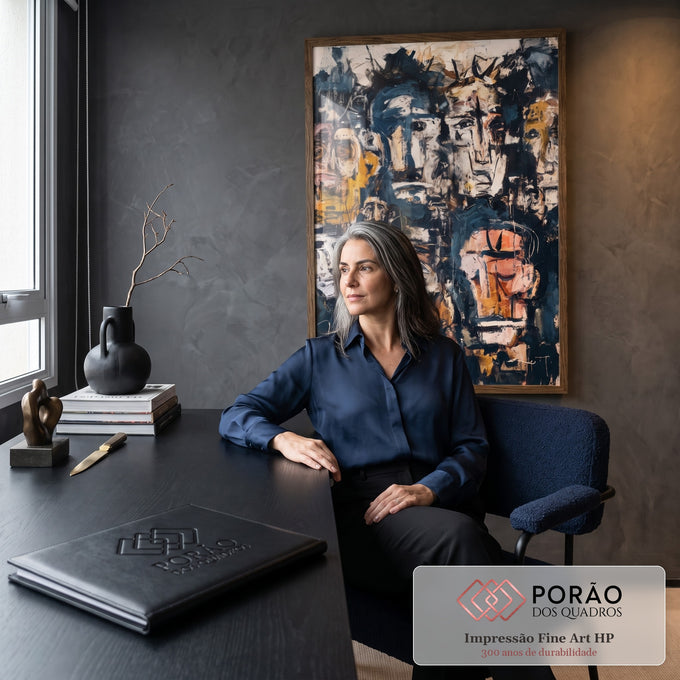 Multidão de rostos expressionistas em preto, azul, ocre e salmão com pinceladas grossas, quadro decorativo