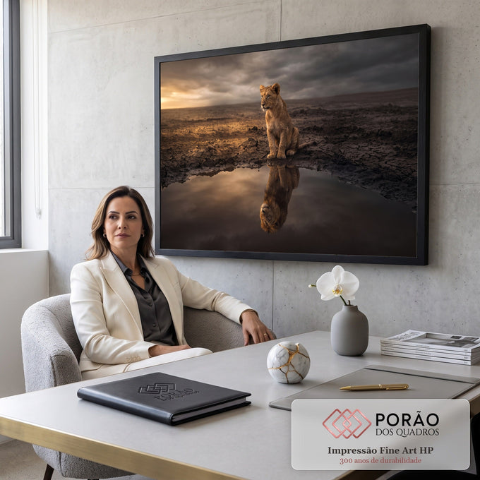 Filhote de leão na savana de terra rachada vendo o reflexo de um leão adulto na água, quadro decorativo