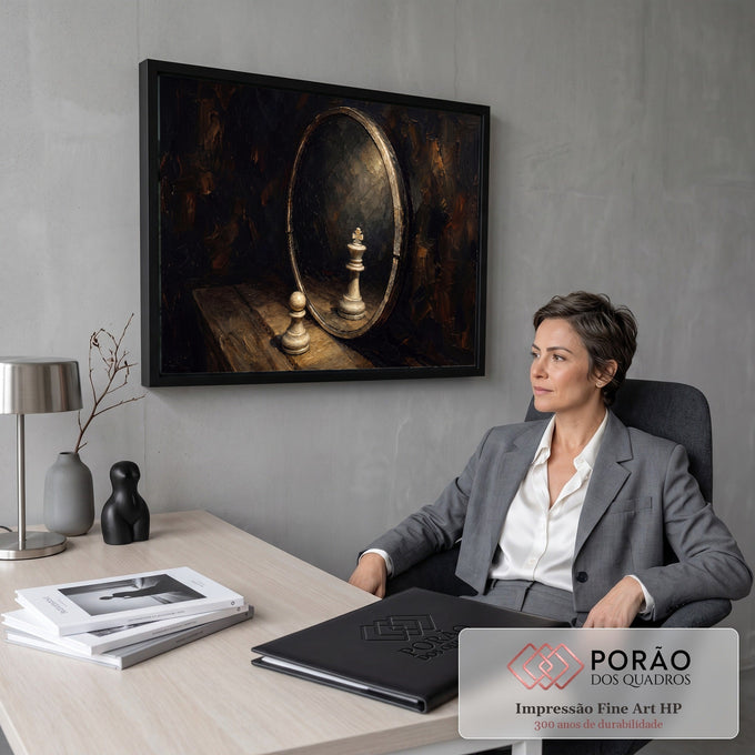 Pintura a óleo de peão de xadrez diante de espelho oval que reflete um rei, fundo escuro, quadro decorativo