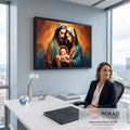 Quadro Decorativo Grande Sagrada Família Laranja para Sala | quadros decorativos | Sagrada Família em arte poligonal geométrica com cores quentes e douradas | em ambiente 2 | Porao dos Quadros