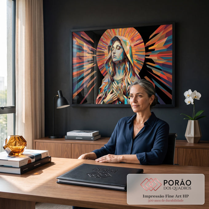 Quadro Decorativo Grande Nossa Senhora Laranja para Sala | quadros decorativos | figura feminina em prece com véu e halo de raios coloridos em estilo poligonal | em ambiente 2 | Porao dos Quadros