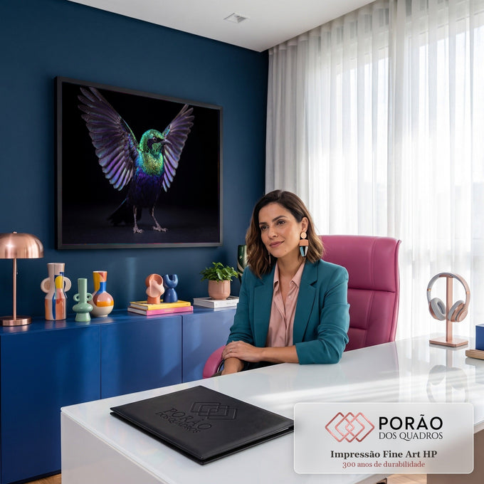 Pássaro de penas iridescentes verde e roxo com asas abertas sobre fundo preto, quadro decorativo