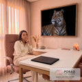 Tigre deitado com olhar altivo para o alto, listras laranja e fundo preto, fotografia quadro decorativo