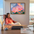Quadro Decorativo Montanha Rosa e Azul ao Amanhecer | quadros decorativos | pico montanhoso rosa e azul sob nuvens douradas em pintura colorida | em Quadros para Escritorio | Porao dos Quadros