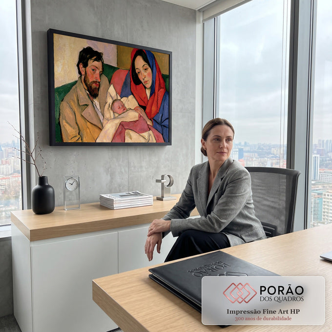 Quadro Decorativo Grande Família com Bebê para Sala Vermelho | quadros decorativos | família com bebê adormecido, véu vermelho e azul, contornos fortes e cores vivas | em ambiente 2 | Porao dos Quadros