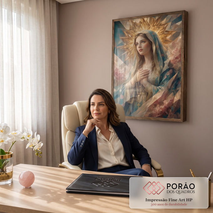 Nossa Senhora de véu azul e terço, auréola dourada, fundo geométrico com rosas, quadro decorativo