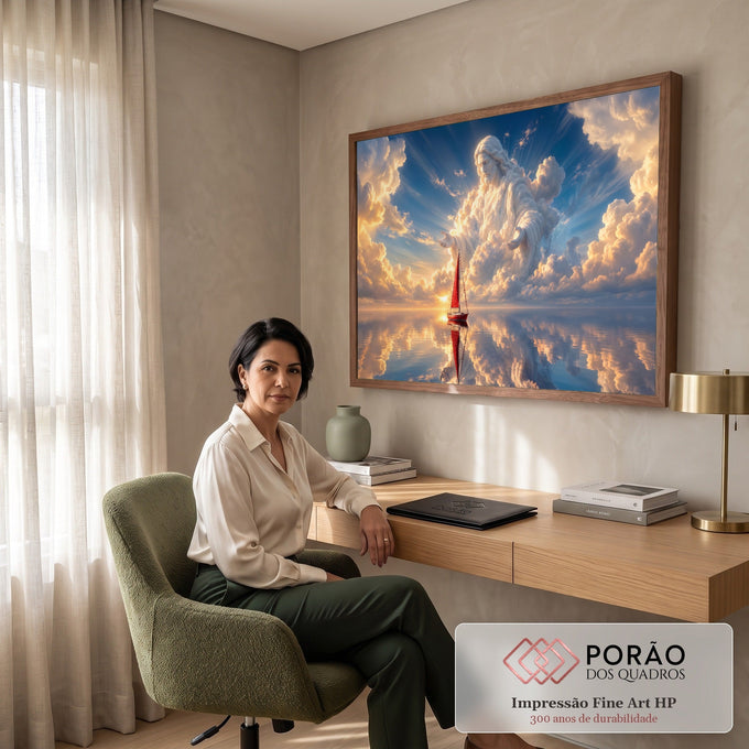 Jesus de braços abertos formado por nuvens douradas sobre o mar com veleiro vermelho, quadro decorativo