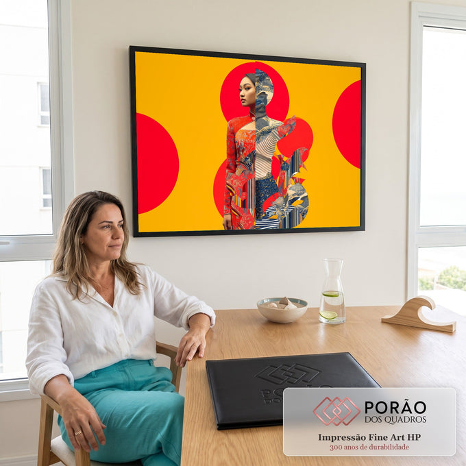 Mulher oriental em colagem pop art com círculos vermelhos sobre fundo amarelo, quadro decorativo