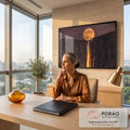 Quadro Decorativo Grande Lua Cheia para Sala Dourado | quadros decorativos | lua cheia dourada sobre penhasco com cachoeira iluminada e silhueta humana ajoelhada | em ambiente 2 | Porao dos Quadros