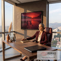 Quadro Decorativo Grande Deque de Madeira para Sala Vermelho | quadros decorativos | deque de madeira sobre lago com pôr do sol vermelho entre montanhas e névoa | em ambiente 2 | Porao dos Quadros