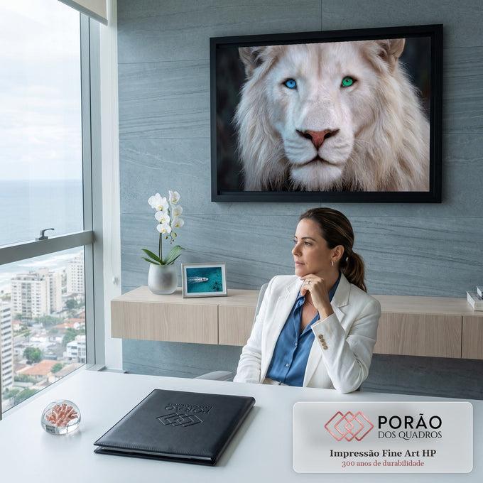 Close de leão branco com um olho azul e outro verde, juba volumosa e fundo escuro, quadro decorativo