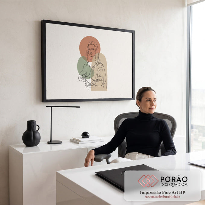Quadro Decorativo Grande Mona Lisa em Line para Sala Bege | quadros decorativos | retrato feminino em line art inspirado na Mona Lisa sobre formas geométricas abstratas | em ambiente 2 | Porao dos Quadros