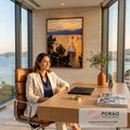 Quadro Decorativo Grande Veleiros para Sala Laranja | quadros decorativos | veleiros navegando em baía dourada ao pôr do sol com montanhas ao fundo | em ambiente 2 | Porao dos Quadros