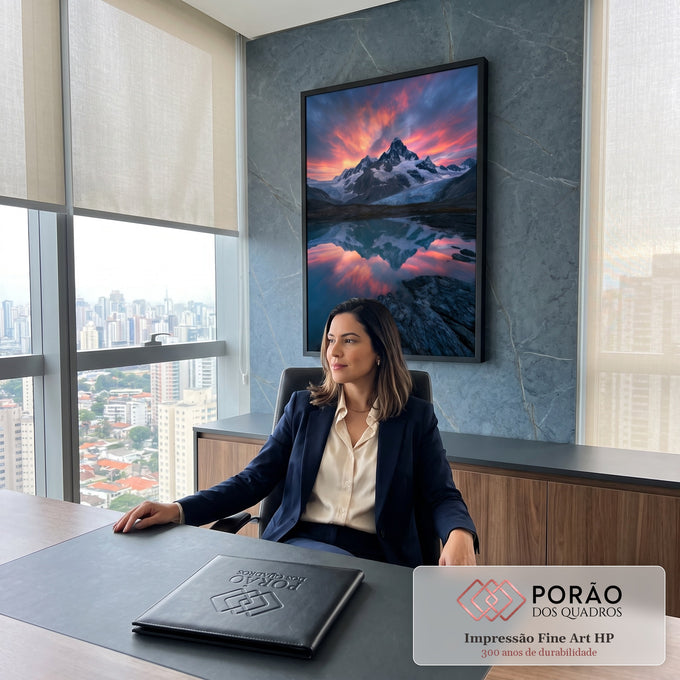 Montanha nevada com geleira sob céu laranja de pôr do sol refletida em lago azul, quadro decorativo