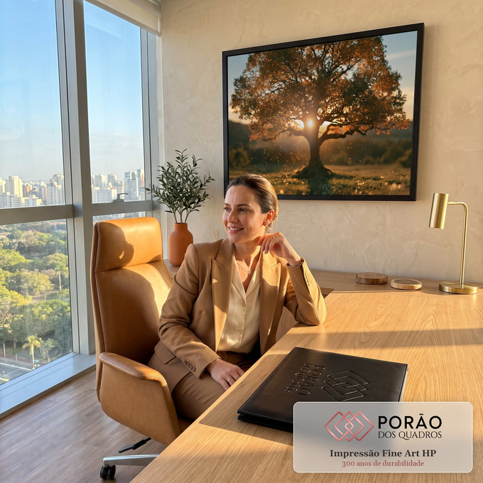 Quadro Decorativo Árvore ao Pôr do Sol em Tons de Laranja | quadros decorativos | árvore isolada com folhagem laranja e sol brilhando entre os galhos ao entardecer | em Quadros para Escritorio | Porao dos Quadros