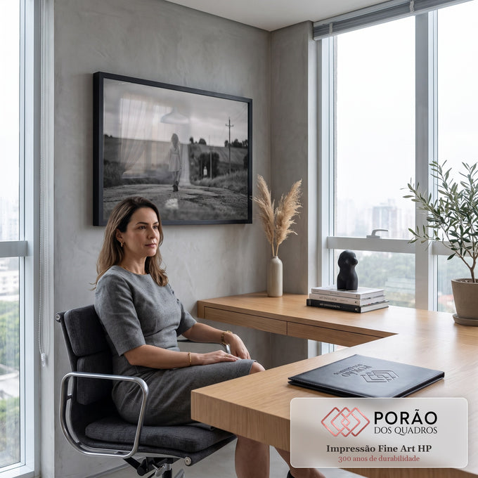 Quadro Decorativo Grande Menina Caminhando para Sala Preto | quadros decorativos | menina de costas caminhando por estrada de terra em foto preto e branco | em ambiente 2 | Porao dos Quadros