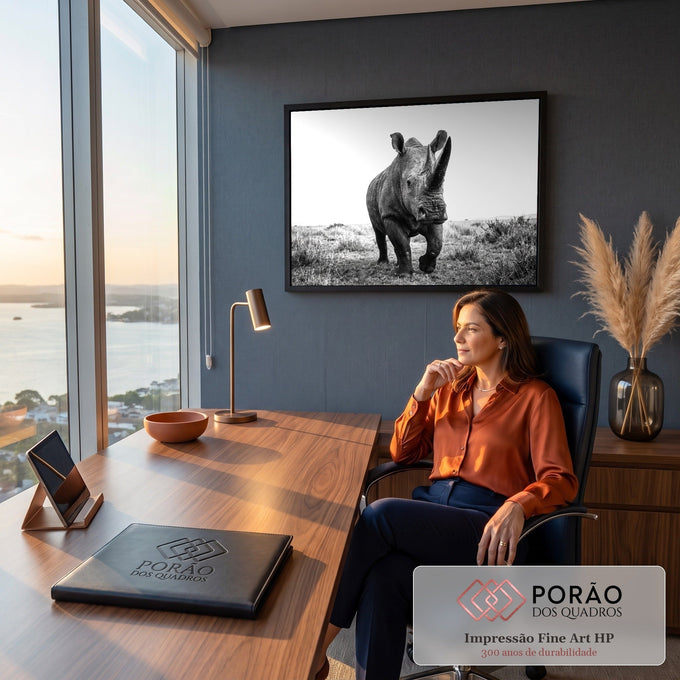 Rinoceronte caminhando de frente na savana em fotografia preto e branco, quadro decorativo