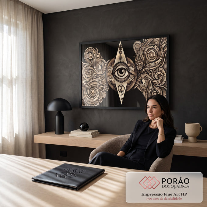 Quadro Decorativo Grande Olho Místico para Sala Preto | quadros decorativos | olho místico central cercado por espirais ornamentais em tons de bege e preto | em ambiente 2 | Porao dos Quadros