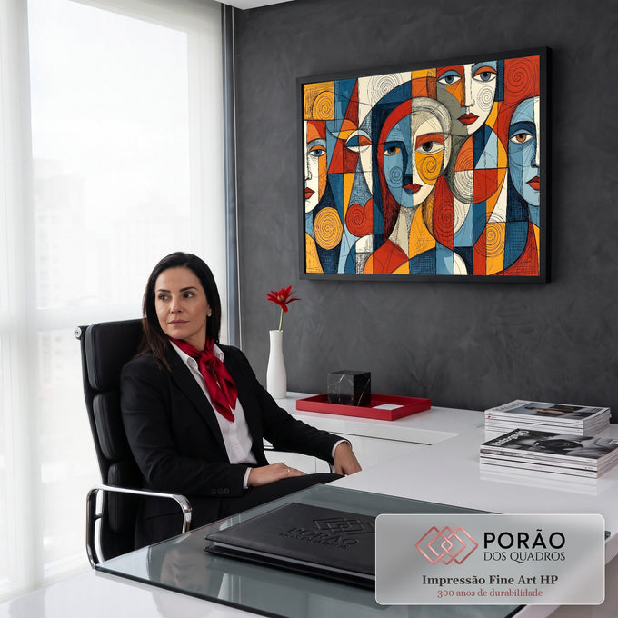 Rostos femininos cubistas com espirais em azul, laranja e vermelho, traço ilustrado, quadro decorativo