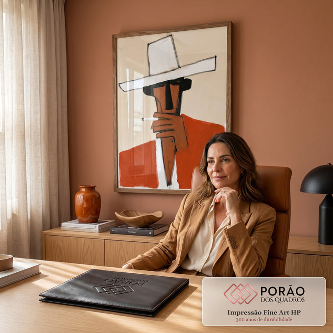 Quadro Decorativo Homem de Chapéu Branco Estilo Abstrato | quadros decorativos | figura estilizada de chapéu branco largo e rosto terracota fumando cigarro | em Quadros para Escritorio | Porao dos Quadros