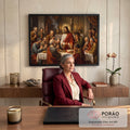 Jesus com auréola elevando hóstia sobre cálice dourado entre apóstolos orando na Santa Ceia quadro decorativo